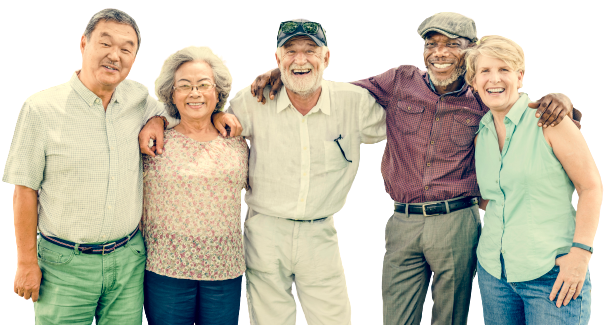 group of smiling senior citizens with their arms around each other